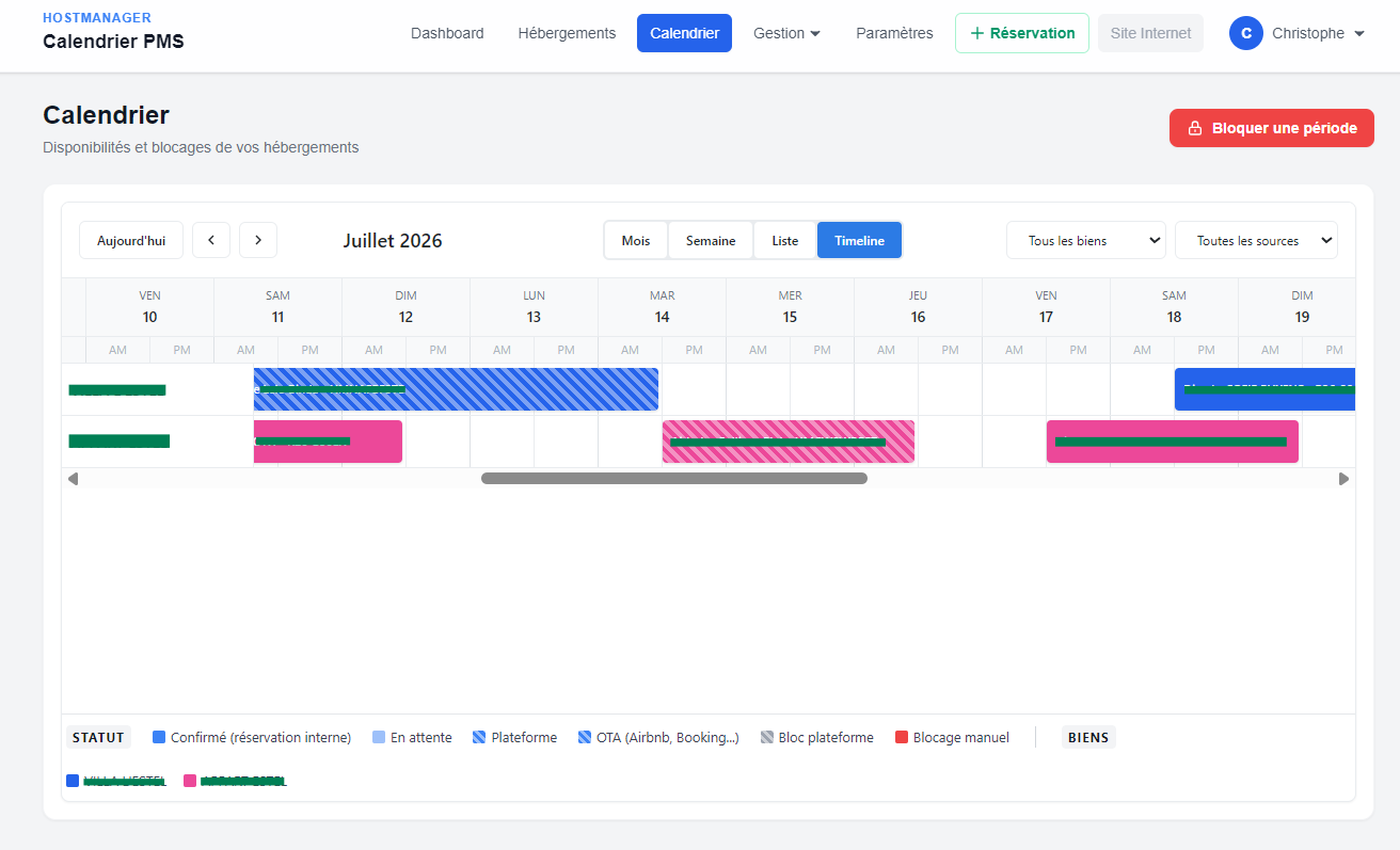 Calendrier PMS HostManager en vue timeline, avec synchronisation multi-plateformes